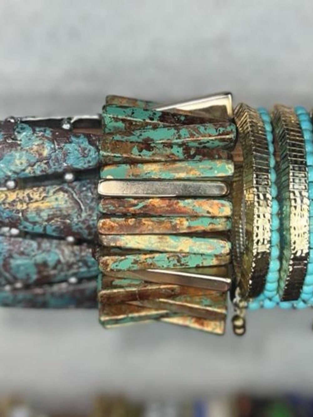 Gold and brass tone and turquoise color bangle set of 3